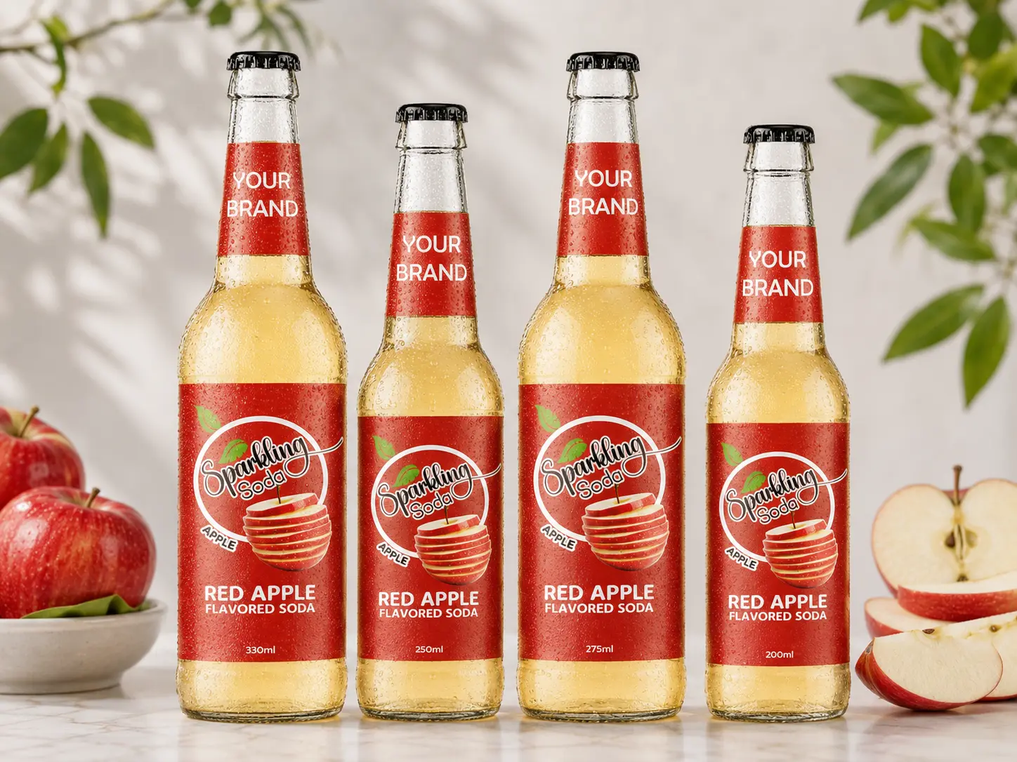 SPARKLING FLAVORED SODA Red Apple in 330ml, 250ml, 275ml, and 200ml glass bottles.